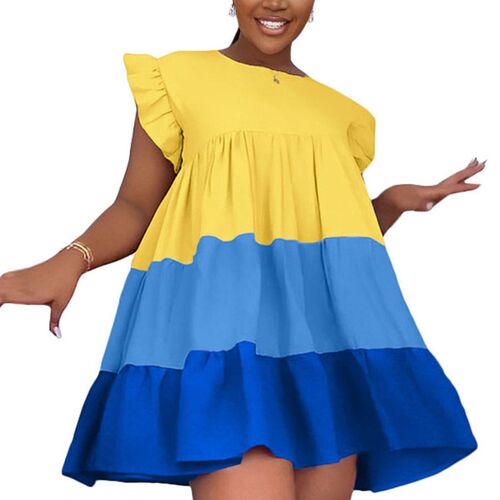 Szkzk Color Block Ruffle Short Prom Ruched Dress Patchwork