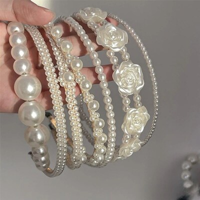 Elegant Big White Pearl Headbands for Women Girl Handmade Si