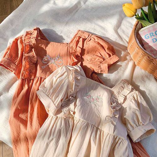 Childrens Wear Square Collar Bow Embroidered Girls Dress S