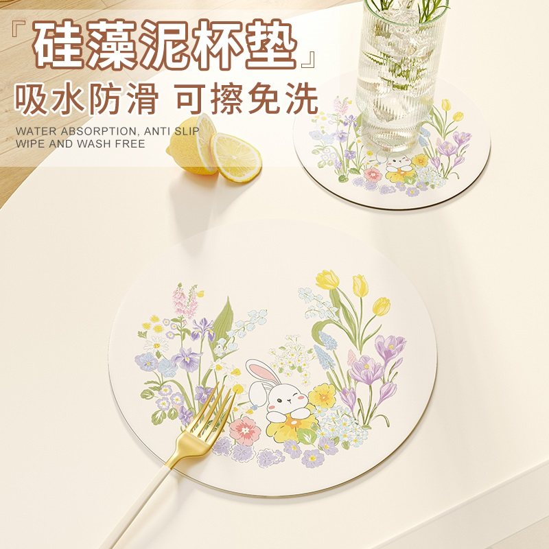 硅藻泥沥水垫吸水茶杯水杯垫可爱卡通圆形餐垫防烫隔热垫碗茶垫子