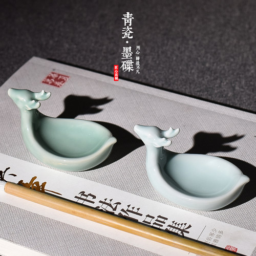 入相创意古风笔搁陶瓷墨碟小鹿书法水碟学生用文房四宝多功能小摆