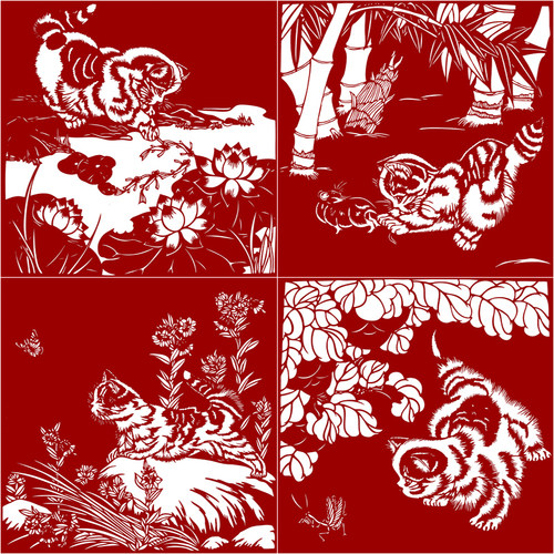 HN49生肖手工剪纸小猫嬉戏图4张黑白打印底稿 蔚县剪纸图案装饰画