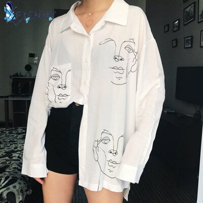 2021 New Summer Blouse Shirt Female Cotton Face Printing Ful