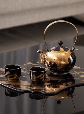现代中式金色茶盘茶具装客厅茶室茶几上软装陈列摆件高级感饰品