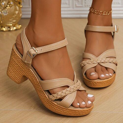 Womens Braided High Heels Sandals 2024 Summer Chunky