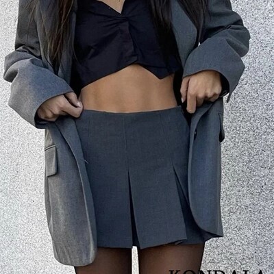 KONDALA Vintage Dark Grey Mini Skirts Women Ruffles Pleated