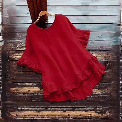 Summer 2025 Plain Relaxed Ruffled Round Neck Short Sleeve Bu