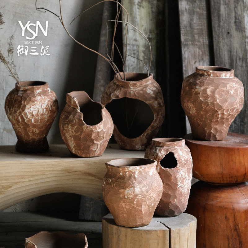 台面粗陶花瓶干花花瓶陶罐罐子陶瓷复古土陶粗糙感花盆摆件镂空瓶,家居饰品,家饰软装搭配套装,淘宝优惠券,粉丝福利购,淘宝优惠卷