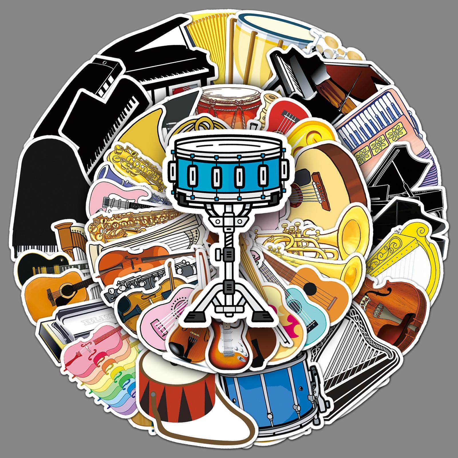 50张乐器涂鸦卡通跨境小提琴钢琴咕卡DIY滑板手机行李箱贴纸防水