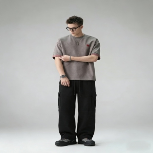 宽松直筒裤 黑色中腰抽绳长裤 休闲男士 王只尚 裤 新款 工装 2026春季