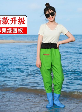 新款时尚下水裤半身女士钓鱼服抓捕捞鱼塘轻便薄养殖带雨靴下水裤