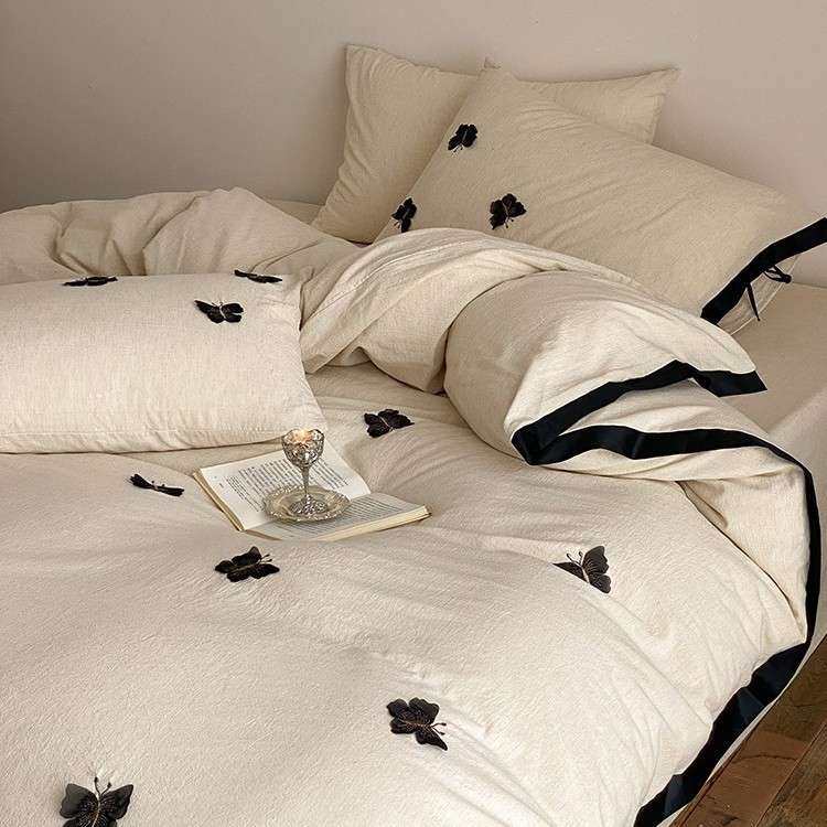 法式风超柔棉麻混纺四件套立体蝴蝶刺绣黑色宽边被套床单床上用品,3C数码配件,其它配件,淘宝优惠券,粉丝福利购,淘宝优惠卷