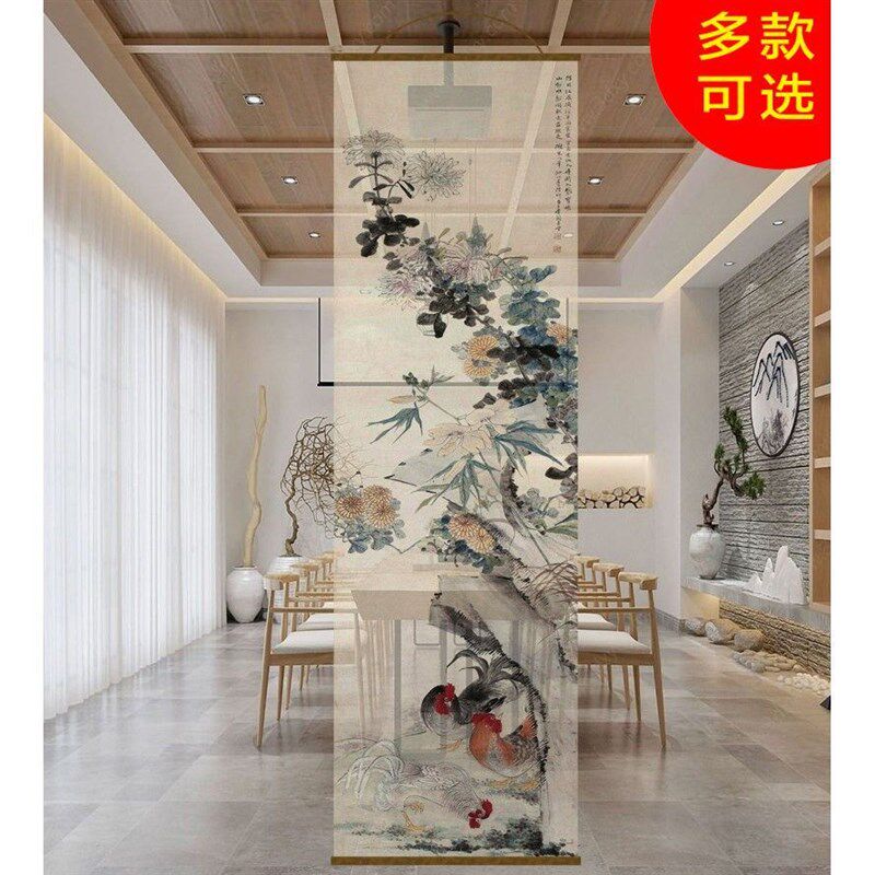半透花鸟透景屏风纱中式山水卷帘隔断帘挂帘水墨窗帘纱帘透光定制