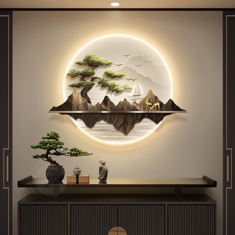 新中式玄关装饰画圆形入户迎客松山水壁画灯高档禅意茶室书房挂画