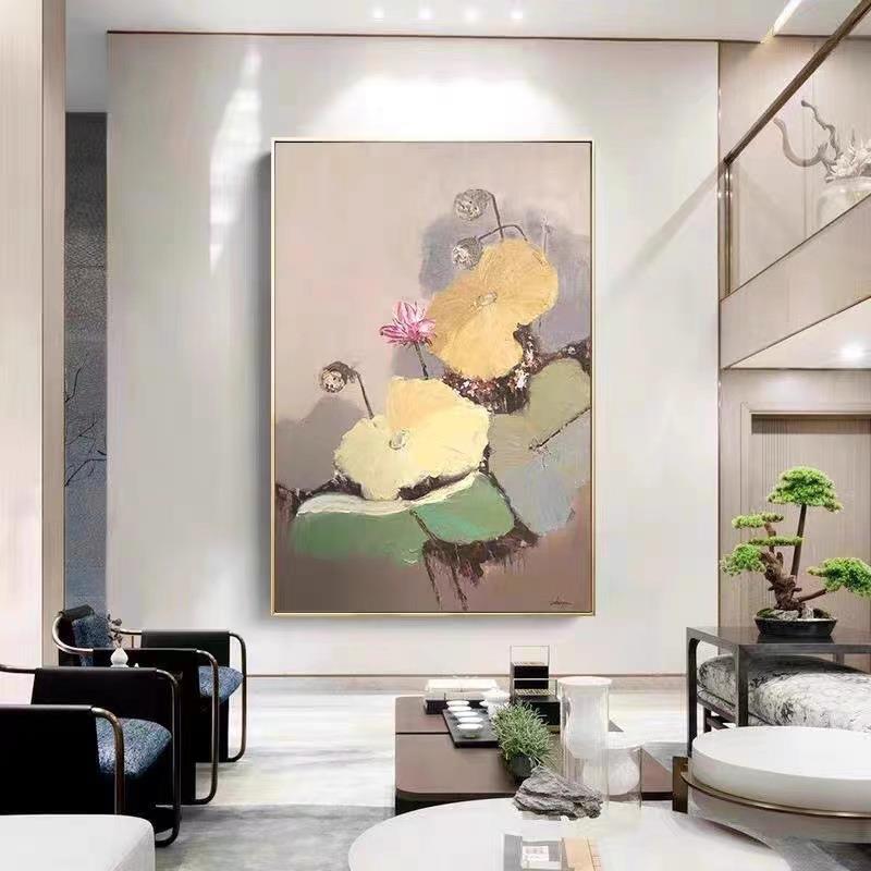 纯手绘新中式禅意装饰画抽象荷花油画客厅玄关高端金色挂画落地画