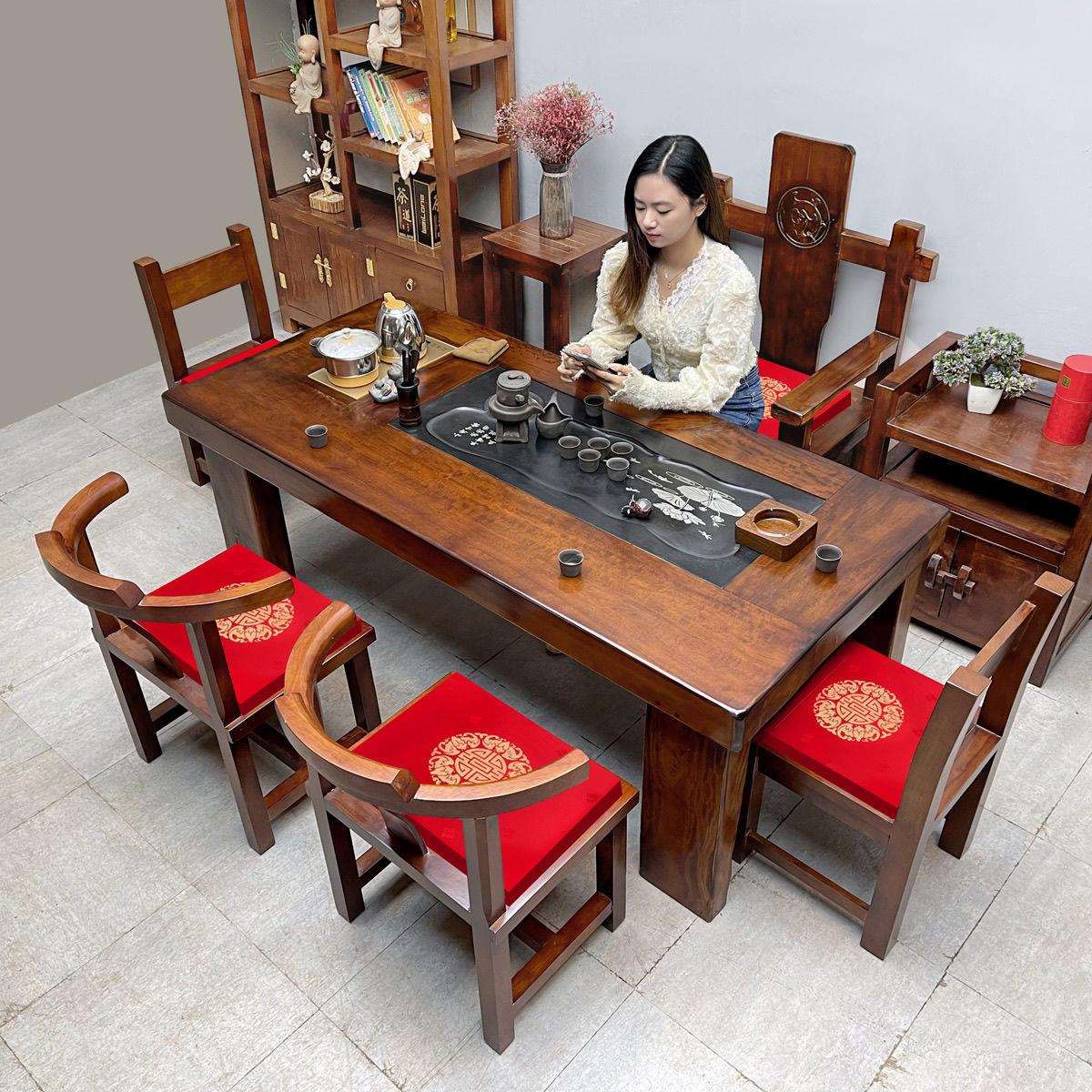 茶台实木老船木茶桌椅组合一桌五椅茶几泡茶桌子烧水壶一体办公室