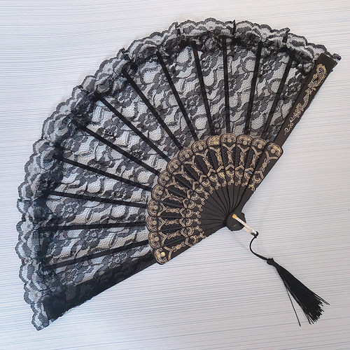 Dance Fan Ornament Ladies Lace Hand Fan Black White Cloth Fo