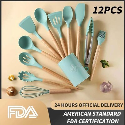 12-piece Set Wooden Handle Silicone Kitchen Utensils Silicon
