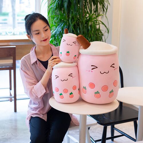 Cute Boba Milk Tea Plushie Toy Soft Stuffed  Pink Strawberry