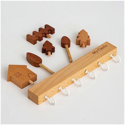Creative Wooden Wall Mounted Key Storage Rack with 6 Hooks W
