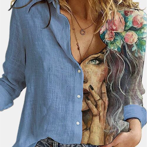 Fashion Stitching Cute Cat Print Long Sleeve Blouses Women