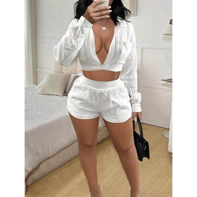 Summer Outfits Soild Shorts 2 Two Pieces Sets Women Outfit 2