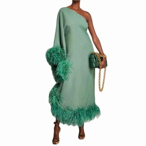 Womens Single Feather Single Shoulder Grand Evening Dress