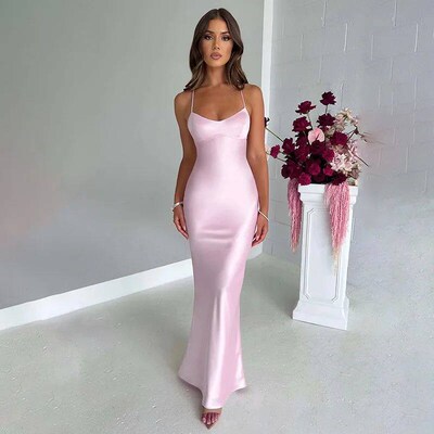 Sexy Spaghetti Strap Satin Dresses Women Elegant Backless La