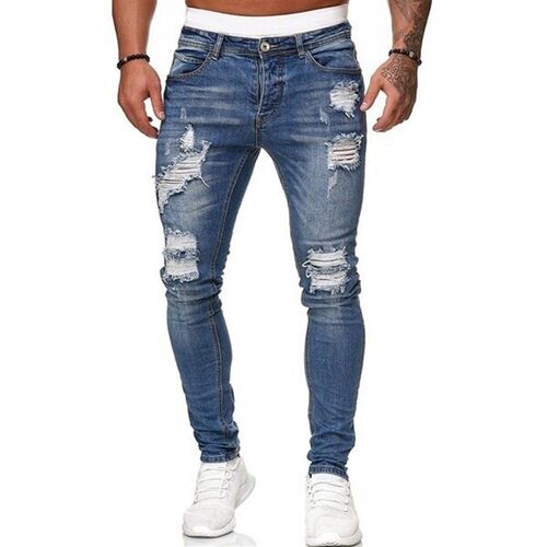 Mens Pants Hole Grinding White Slim Fit Denim Trousers Fash