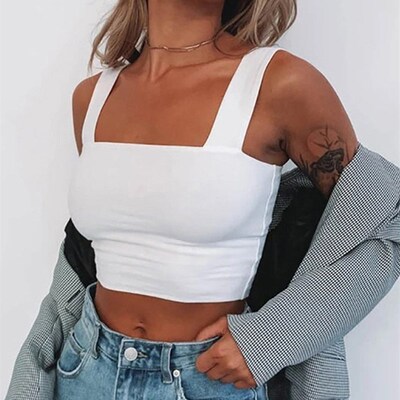 Square Neck Sleeveless Summer Crop Top White Women Black Cas