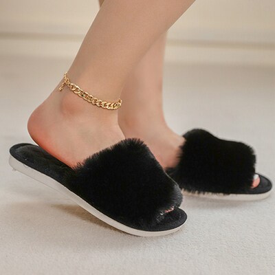 Winter Women Slippers Female Solid Faux Fur Open Toe Warm Pl