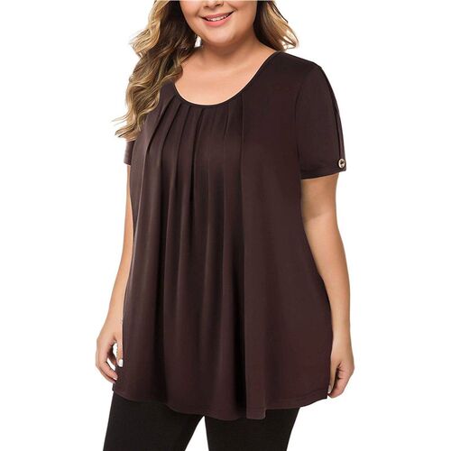 2025 Plus Size Womens Crewneck Solid Color Pleated Short-sl