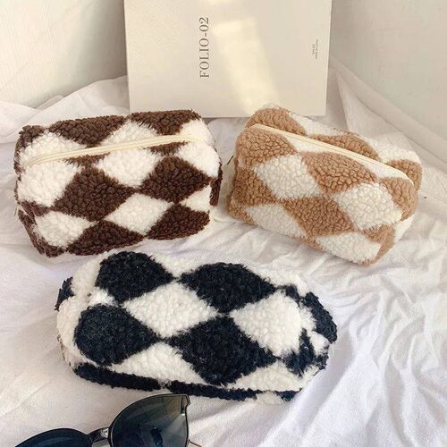 1 Pc Women Soft Plush Makeup Bag Zipper Checkerboard Cosmeti
