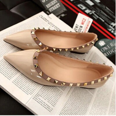 Lady Shiny Patent Leather Flats With Rivets High Quality Fas