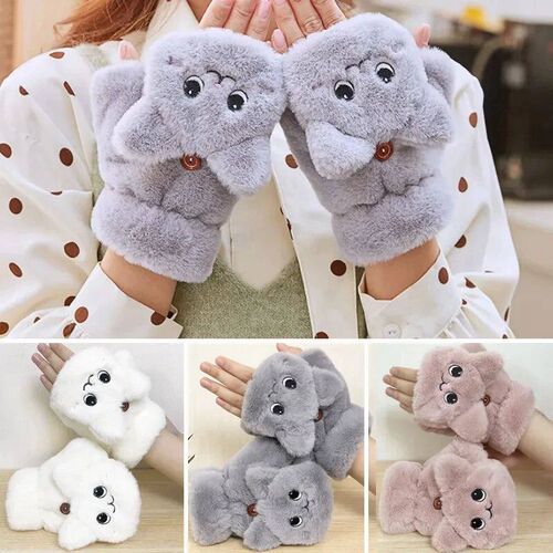 Women Plush Warm Glove Fur Lovely Rabbit Cat Mittens Flip Fi
