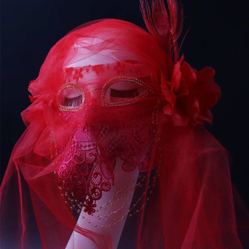 Mask Lace Mesh Tassel Big Red Flower Decoration Full Face图片