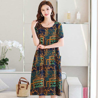 Summer Ms otton Silk ress Womens Egant Short-seve Mi-ngth