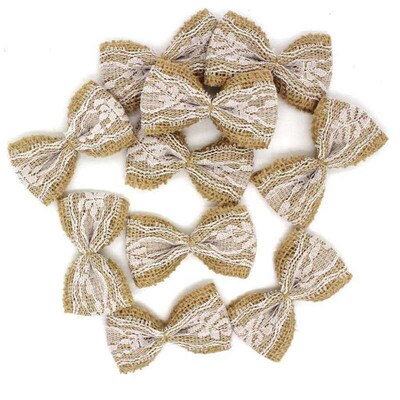 10pcs Vintage Natural Jute Burlap Hessian Bows Lace Ribbon W