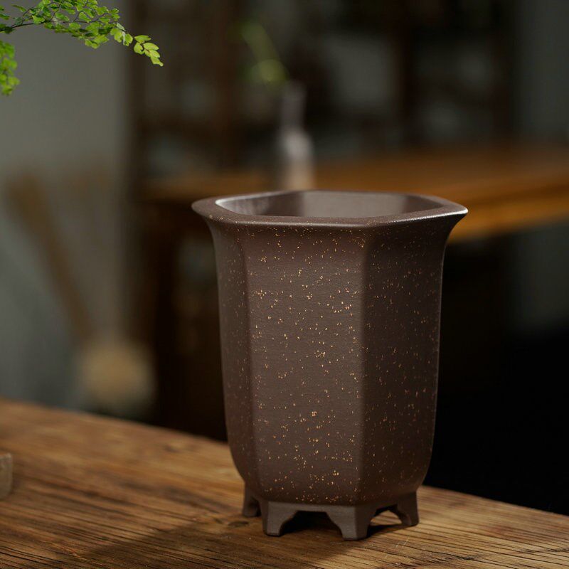 原矿紫砂紫泥铺金砂六方宫灯朱永南手制案头小兰花盆室内阳台春兰