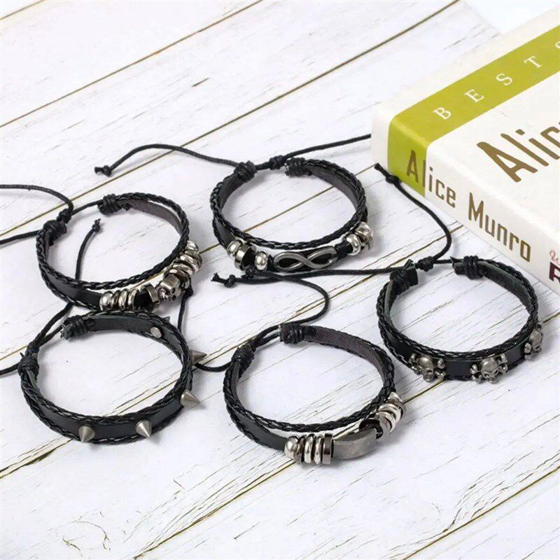 6pcs/Set Black Punk Skull & Star Shaped Alloy & Pu Leather B