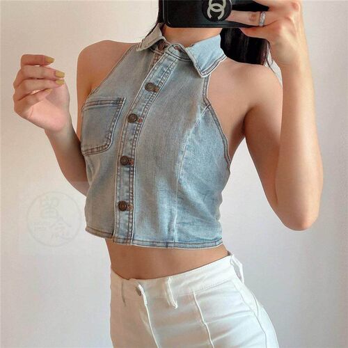 -Ins style personality large open-back halter vest summer ne