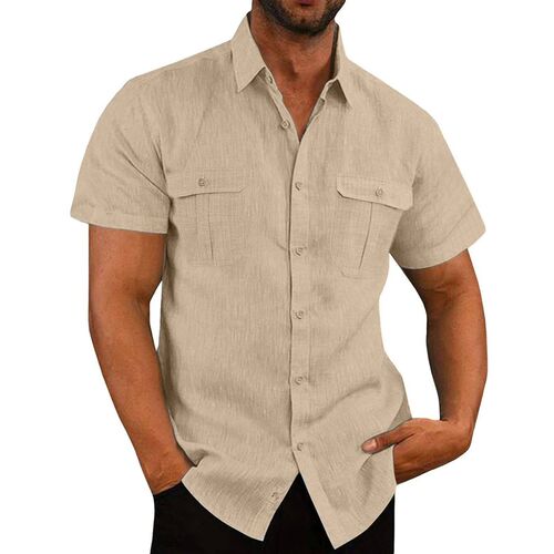 Cotton Linen Hot Sale Men Short-Sleeved Shirts Summer Solid