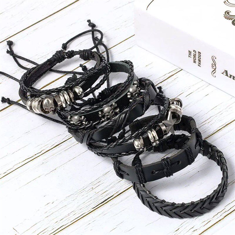 6pcs/Set Black Punk Skull & Star Shaped Alloy & Pu Leather B