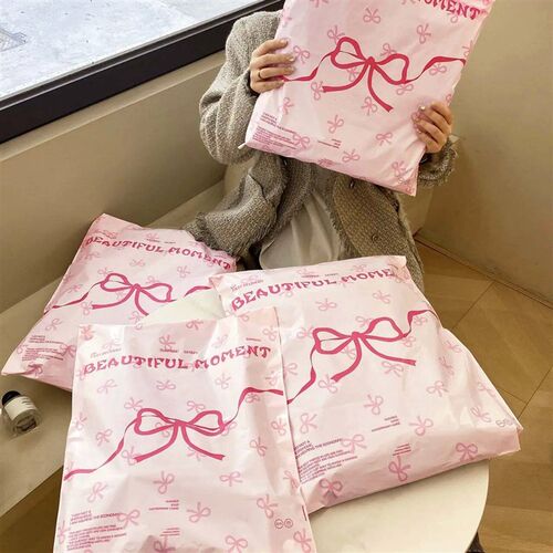 50Pcs Plastic Pink Courier Postal Bag Cute Bow Prinitng Clot
