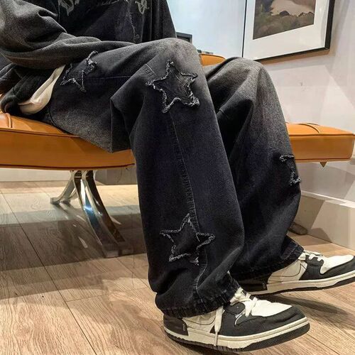 Stars Patchwork Men Jeans New Fashion  Tassel Pants Korea Cl