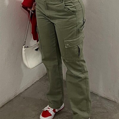Straight Leg Cargo Pants Women High Waist Casual Baggy Pants