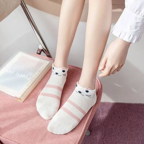5 Pairs Womens Short Tube Socks Pink Cat Thin Four Seasons