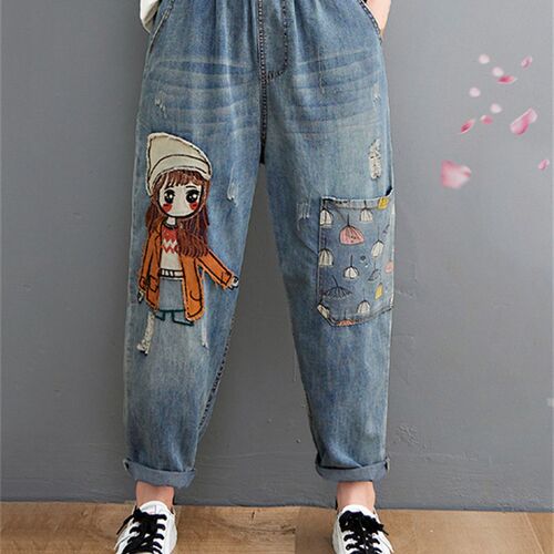 6537 Cartoon Litter Girl Embroidery Denim Pants For Women nd