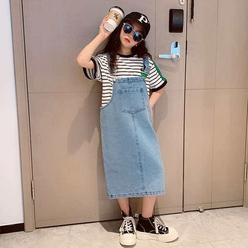 Girls Denim Strand Dress Suit Summer New Style Striped T-Sh