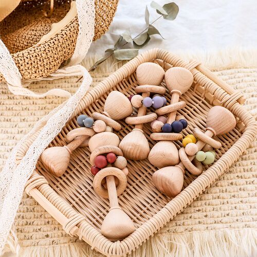 1pc Baby Toys Beech Wooden Rattle Hand Bells Toys Of Newbron